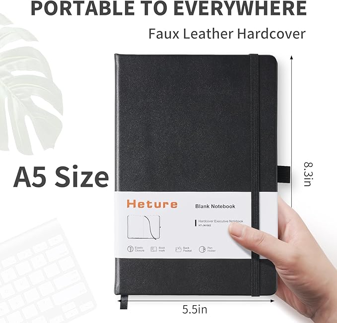 Heture Hardcover Notebooks, A5 Blank Notebook for Writing 160 Pages, 8.2 x 5.5 inch, Classic Blank Notebooks for College/Work/Travel (Blanked-1 Pack, Black)