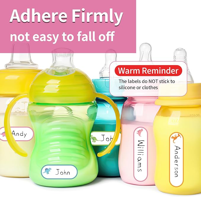 480 Pcs Waterproof Labels for Kids Stuff Daycare Name Bottle Essentials | Cute Dinosaur Self-Adhesive Baby Water Bottle Stickers for School Supply, Self-Laminating Write-on, Reusable Washable