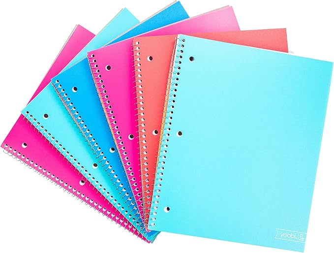 Yoobi College Ruled 8 x 10.5” Spiral Notebook Set – Bulk 6-Pack of 1 Subject Notebooks – Perfect Addition – 100 Perforated 3-Hole Punched Sheets, For School, Office & Home