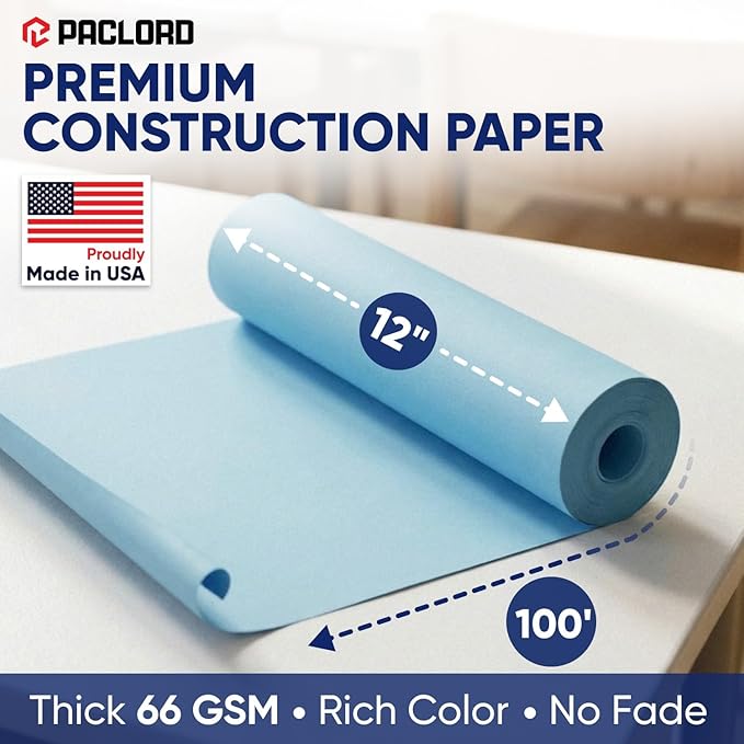 Light Blue Construction Paper Roll 12" x 100 ft – Made in USA – 12" Bulletin Board Paper for Classroom & School, Teachers & Kids