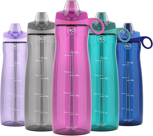 Pogo Plastic Water Bottle with Chug Lid and Carry Handle, Reusable, BPA Free, Dishwasher Safe, Perfect for Travel, School, Outdoors, and Gym, 18oz 32oz 40oz 64oz