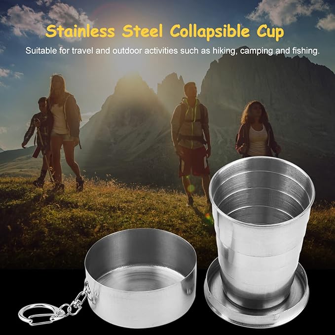 Tiiyee Stainless Steel Collapsible Cup, Folding Camping Cup Portable Shot Glass Foldable Drinking Cup Drinkware with Lid and Keychain for Outdoor Travel Picnic Fishing Hiking Cycling Water, 250ml