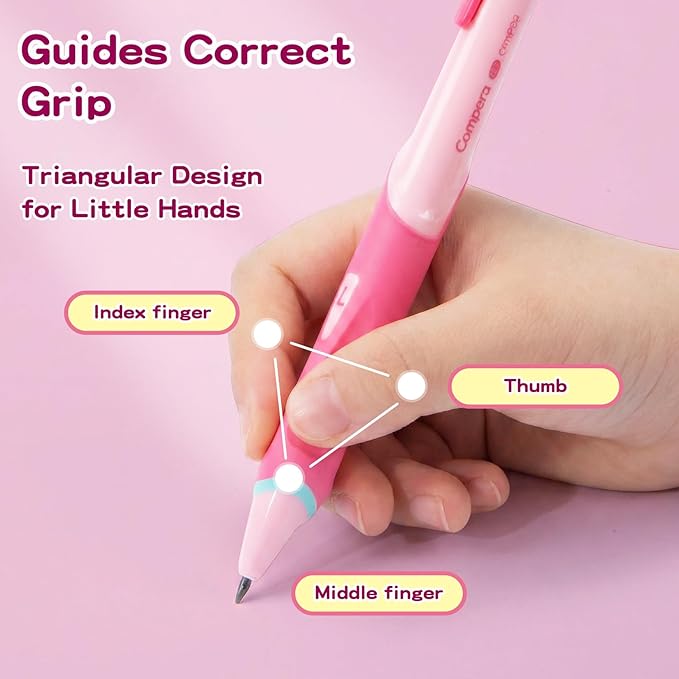 Ergonomic Pencil Set, 2.0mm HB Mechanical Pencils for Kids, School Supplies Include Sharpener, Eraser & 6 Extra Leads – Handwriting Aid for Preschool, Kindergarten, Homes, Pink, L