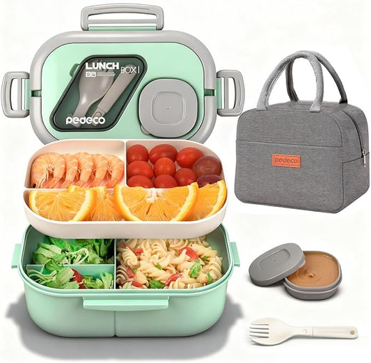 PEDECO Green Lunch Box Set with Bag & Utensil, Leak Proof for Women Men Kid | 2-tier stackable container with sauce pod,Insulated bag keeps food hot or cold,Microwave & dishwasher safe,for women men