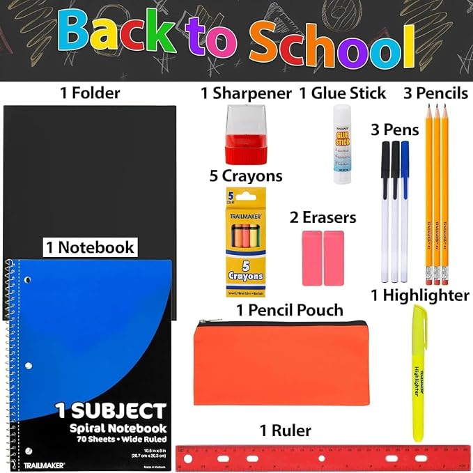 Trailmaker 960 Pack Bulk School Supply Kits | 20 Piece Classroom Supply Sets for Elementary & Middle School | Notebooks, Pencils, Crayons & Essentials | For school drives, classrooms, nonprofits & student donations