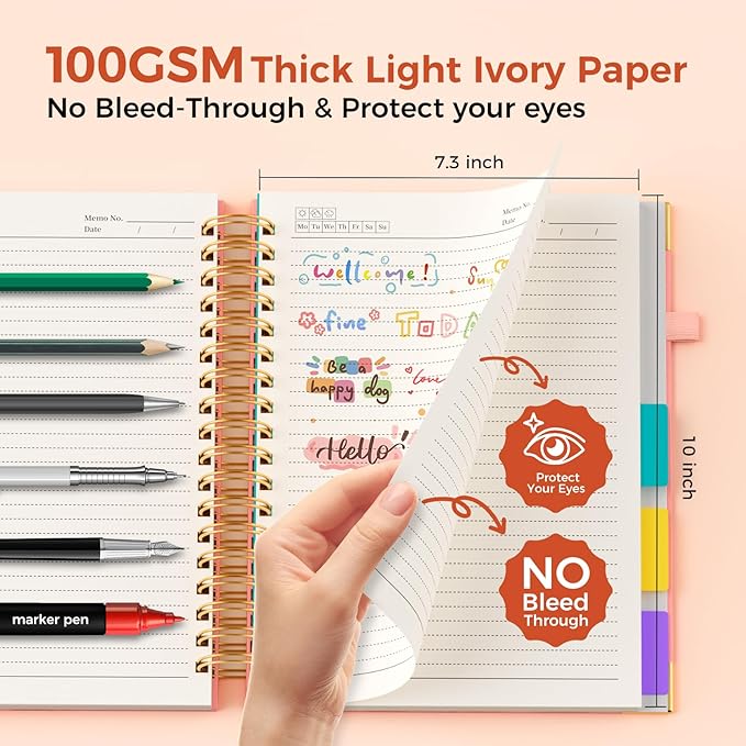 B5 Hardcover Spiral Notebook, 8"x10" College Ruled Notebooks with Removable Dividers Tabs & Ruler, 5 Subject Notebook 300 Pages, Large Lined Journal for Women Men School Work Office, Pink