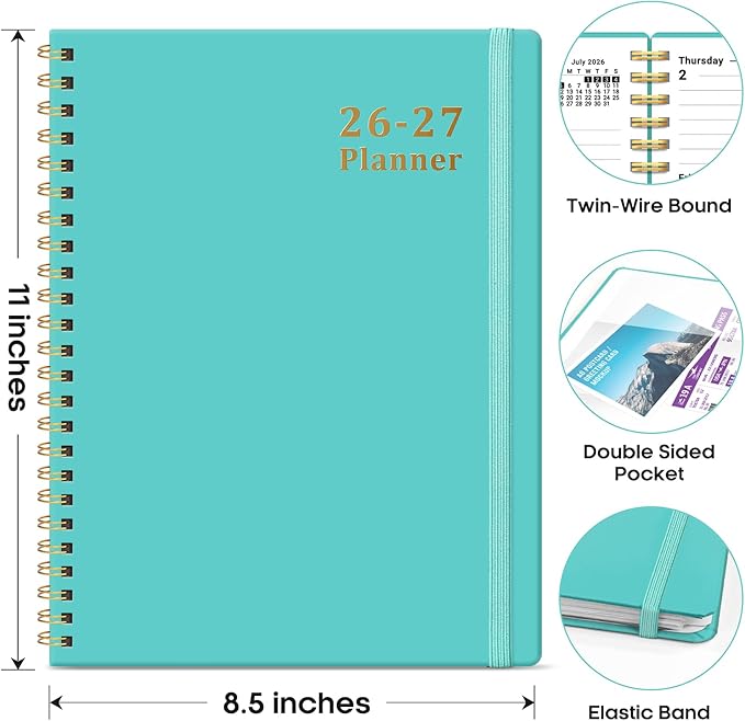 Planner 2026-2027, 8.5" x 11" Weekly and Monthly Academic Year Planner Calendar, July 2026 - June 2027, Hardcover Large School Planning Agenda With Tabs, Perfect for School & Office Supplies, A4, Aquamarine