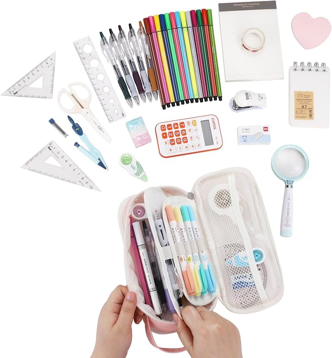 Dugio Large Pencil Case Zipper Pencil Pouch for Girls Adults Kids Aesthetic Pencils Bag Organizer Big Capacity Pen Bag with Handle Portable for School Office Pink