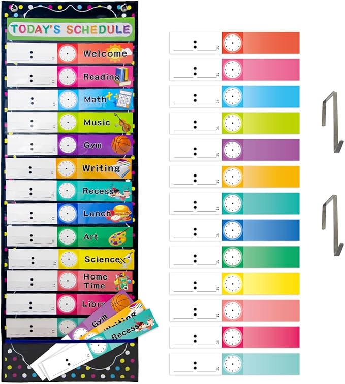 Fancy Land Daily Schedule Pocket Chart Educational Pocket Chart for Classroom Office Home Teachers Preschool Activity Supplies 15 Pockets 27 Double-Sided Reusable Dry-Eraser Card 13 x 37 Inches