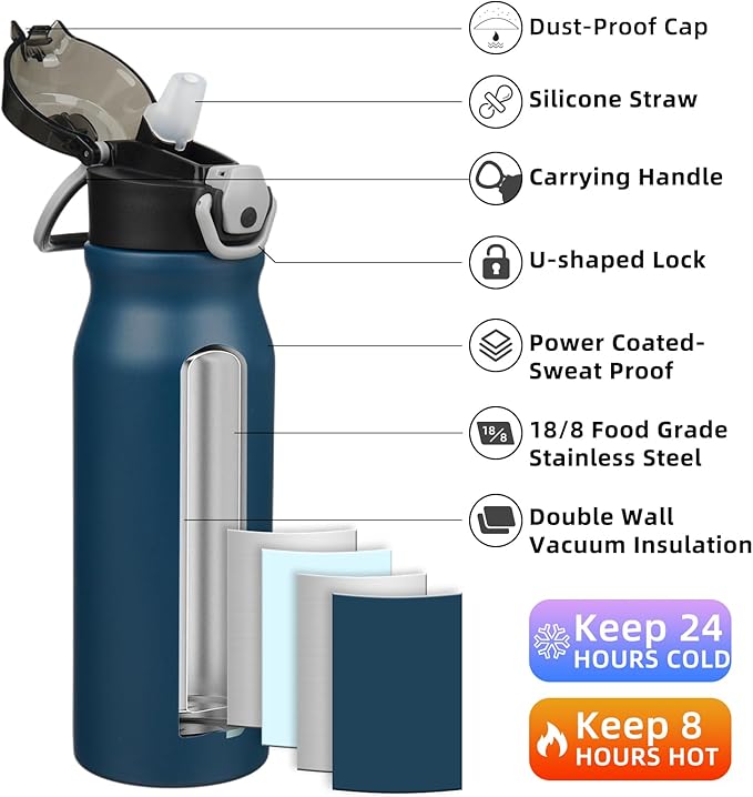 BJPKPK Water Bottle with Straw 25oz Insulated Water Bottles Reusable Stainless Steel Metal Thermal Flask with Leak Proof Lockable Lid and Carry Handle,Navy Blue