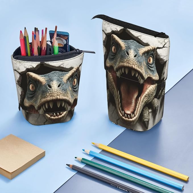 Dinosaur Kids Standing Pencil Case Girls Boys Telescopic Stationary Pouch with Zipper Large Capacity Stand up Pen Bag Portable Makeup Holder for Children School Students Office Supplies