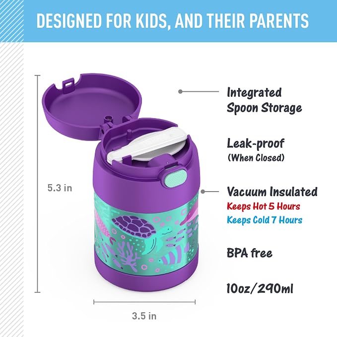 THERMOS FUNTAINER Insulated Food Jar, 10 Ounce, Kid Friendly Food Jar with Foldable Spoon, Ocean Pals
