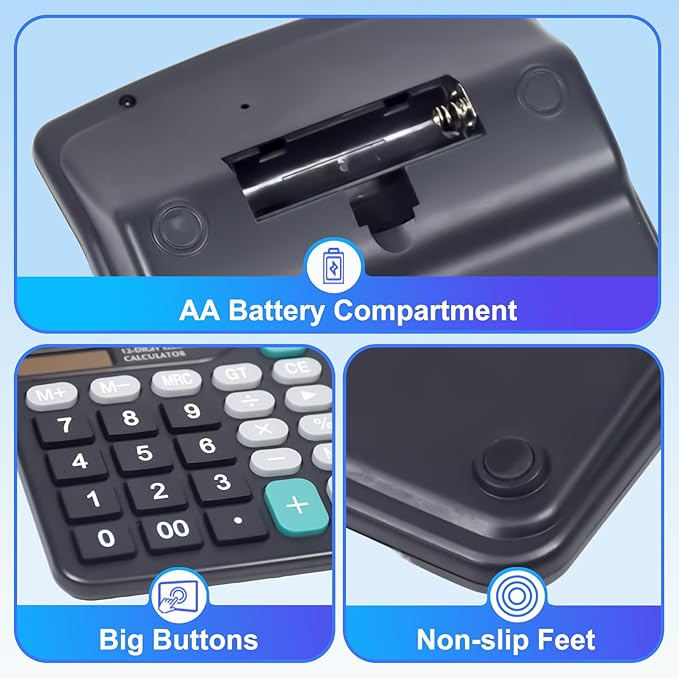 SAYEEC Desk Calculator, 12 Digit Desktop Calculator with Large LCD Display & Sensitive Button, Dual Solar Power & Battery, Standard Office Calculators Basic Function Calculators for Home School, Black