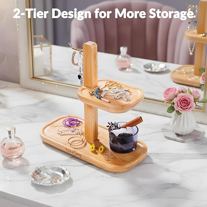 NiHome Bamboo Jewelry Organizer Stand with Hook & Trays, Wooden Display Rack for Necklaces, Earrings, Bracelets and Rings, Minimalist Jewelry Holder for Vanity or Desk, Durable and Tangle-Free Storage