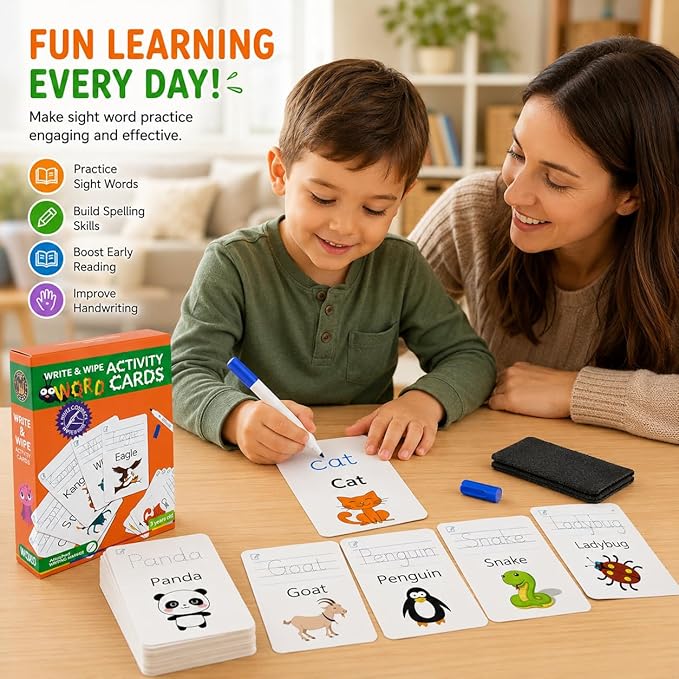 Write & Wipe Activity Cards for Kids, Reusable Tracing Flash Cards, Preschool Handwriting Practice Set, Letter Number Math Learning Activities Ages 3-6 (Sight Words)