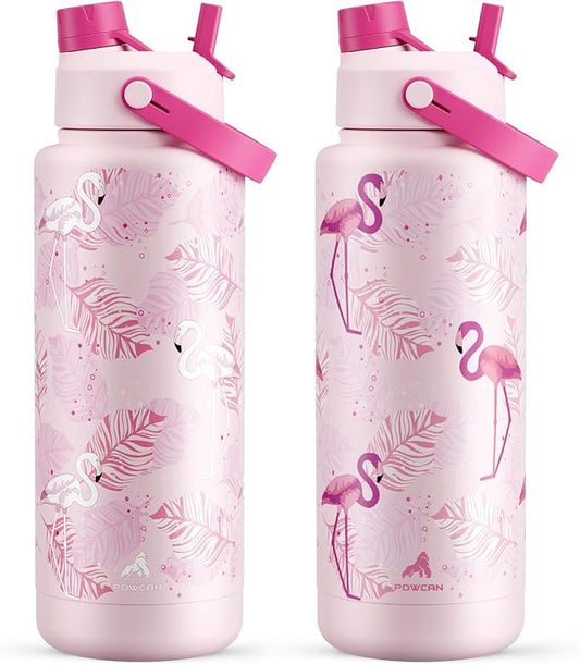 POWCAN 40 oz Insulated Water Bottle with 2-in-1 Straw and Spout Lid, Glow-in-the-Dark, 24H Cold, Leakproof, BPA-Free, Double Wall Stainless Steel for Sports, Gym, Travel, School (Sun-Kissed Flamingo)