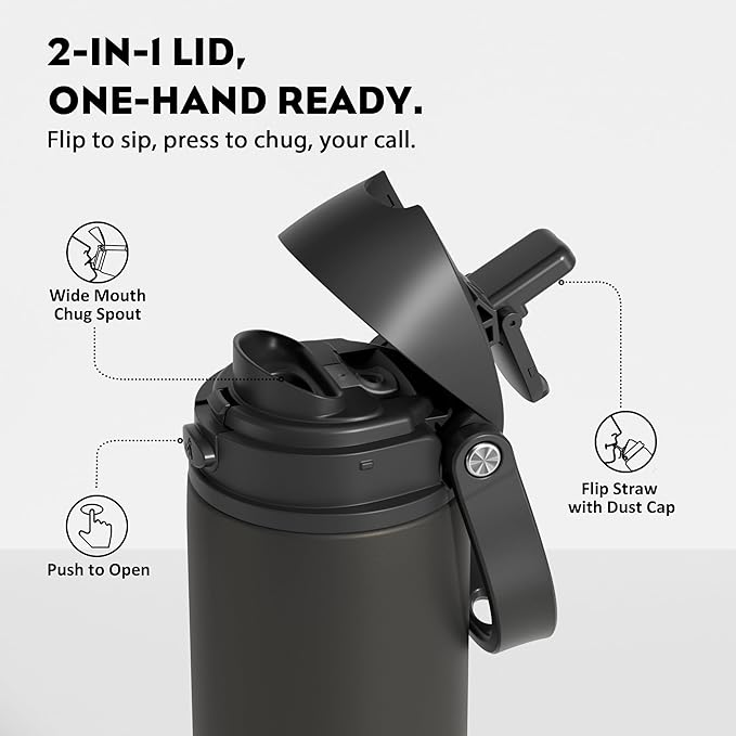 POWCAN 24 oz Insulated Water Bottle: 2-in-1 Lid with Push-Button Spout & Quick-Flip Straw, Leakproof, Cold 24Hrs, Car Cupholder Friendly, Stainless Steel Cup for Sports, School, Travel, Camping (King)