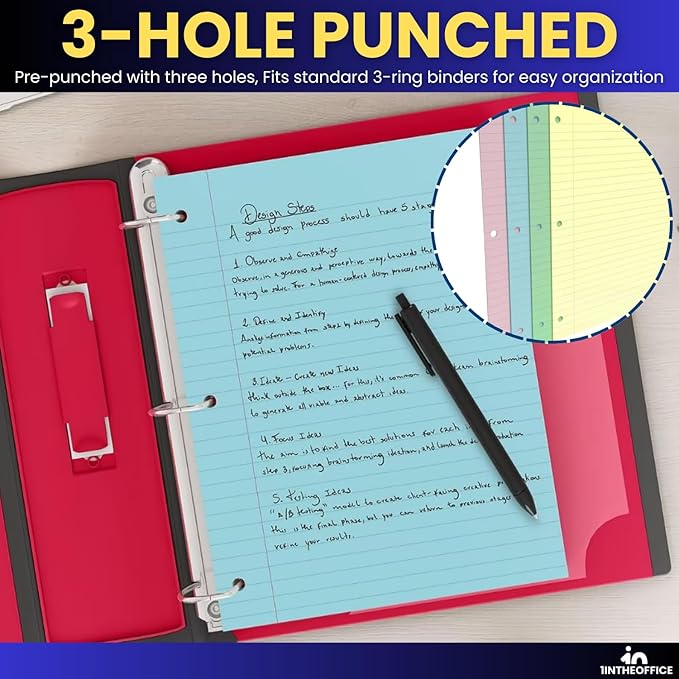 1InTheOffice Colored Notebook Paper, 8.5x11 Wide Ruled Lined Loose Leaf Paper, Pastel Colored, 100 Sheets