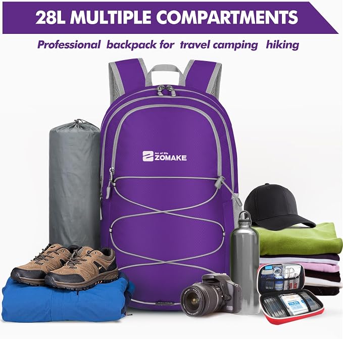 ZOMAKE Lightweight Packable Backpack, Water Resistant Foldable Daypack 28L | Light Hiking Backpacks Collapsible Day Pack for Travel, Everyday Carry, Multi Compartment Storage, Adjustable Strap (Purple)
