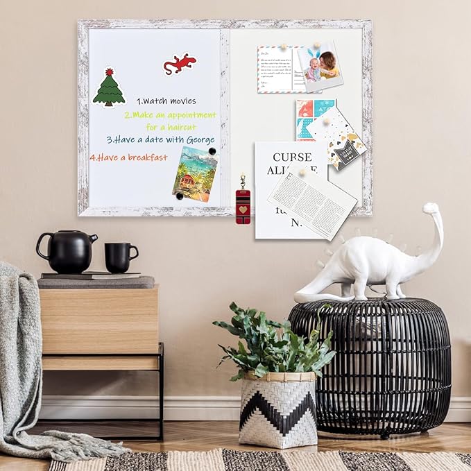 Bulletin Board Whiteboard White Felt Board Combo for Office School Kitchen Bedroom, White Wood Frame,23.6"*35.4",Whiteboard+WH-6090WH