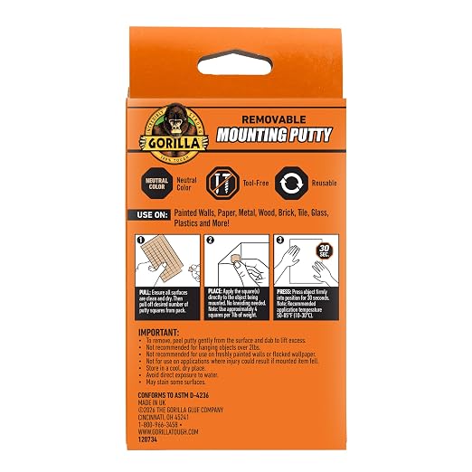 Gorilla Removable Mounting Putty Reusable & Repositionable Adhesive 168 Count Pre-Cut Squares (Pack of 1) Holds 2 lbs. Back to School Supplies for Teachers Students Parents, Indoor Outdoor