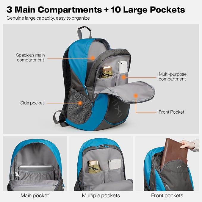 mixi 45L Ultra Lightweight Waterproof Travel Backpack, 21 inch Casual Daypack for Men Women, Durable Spacious Bag for Travel, Sports, Camping, Hiking & College, Blue