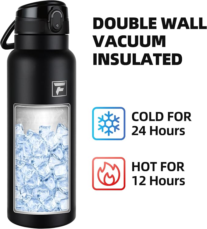 Fanhaw 40 Oz Insulated Stainless Steel Water Bottle with Chug Lid – Wide Mouth, Leak-Proof, BPA-Free – Ideal for Kids, Adults, Sports, Gym, and Outdoor Use (Black)