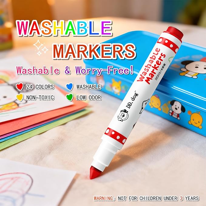Washable Markers for Kids, 24 Vibrant Colors with Cone Tips & Easy-Grip Barrel - Toddler Art Supplies, Washable from Skin & Clothes, Portable Case for Preschool, Home, Travel (cartoon, Count, 24)