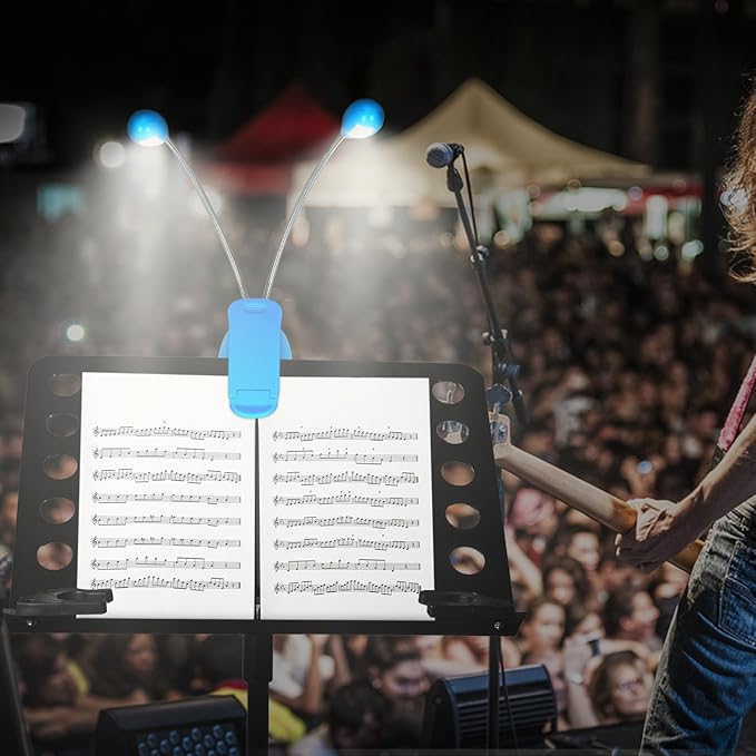 Music Stand Light, Clip on LED Book Lights, USB and AAA Battery Operated, Reading Lamp in Bed, 4 Brightness Levels, Ideal for Musician, Piano Player, Travel (Dual Arm, Blue)