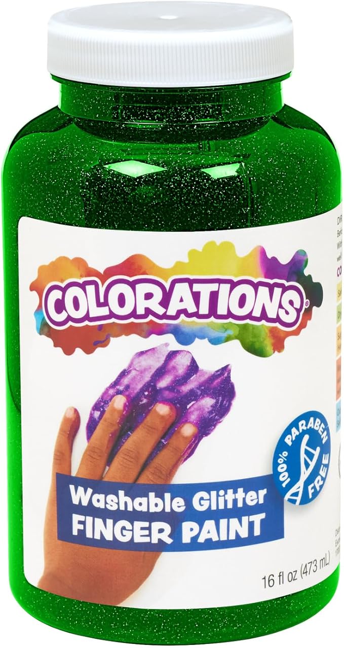Colorations Paraben-Free Washable Glitter Finger Paint, Green, 16oz - Non-Toxic and Made in the USA