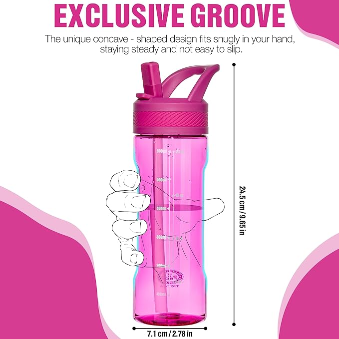 OLDLEY 20oz Kids Water Bottle with Straw, BPA-Free Tritan Water Bottle for School, Leakproof Clear Water Bottle with One Click Open, Measurement Scale, Cup Holder Friendly for Boys Girls,Fuchsia