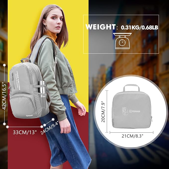 ZOMAKE Lightweight Packable Backpack, 35L Foldable Daypack (Silver Grey) | Light Hiking Backpacks Water Resistant Collapsible Day Pack for Travel, Everyday Carry, Multi-Pocket Layout, Heavy Duty Nylon