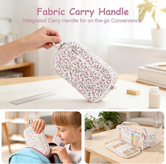 BuyCard Big Capacity Pencil Pouch, Pink Floral Corduroy 4-Compartment Pen Bag, Aesthetic Stationery Organizer for Teen Girls Women, Must-Have for Teacher, Makeup & Electrical Goods Storage Case