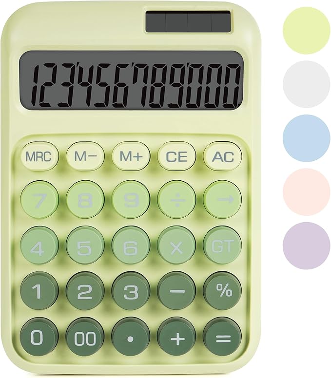 Mechanical Switch Calculator with Big Buttons, Calculators Desktop, 12 Digits, Solar Battery Power, Desk Calculator, Large LCD Display,Cute Green Calculators for Teachers Students Basic Office