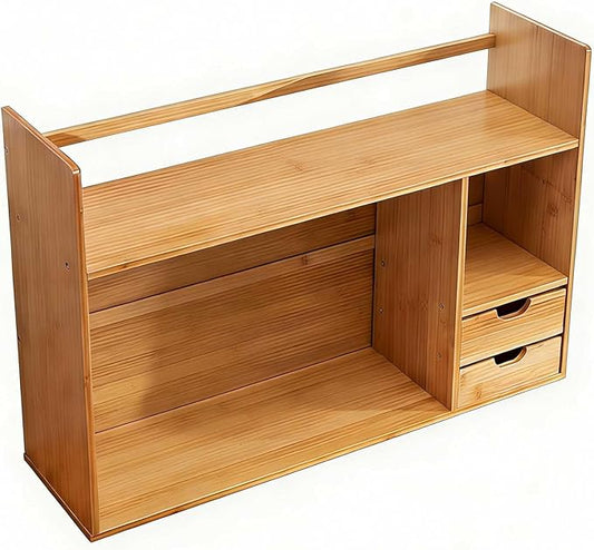 Bamboo Desktop Bookshelf with Drawers,2-Tier Desk Organizer Shelf,Small Desk Hutch with Storage for Office,Dorm,Bedroom,Home,Desk Top Bookshelf with Rounded Corners,22.8"x7.5"x18.1"
