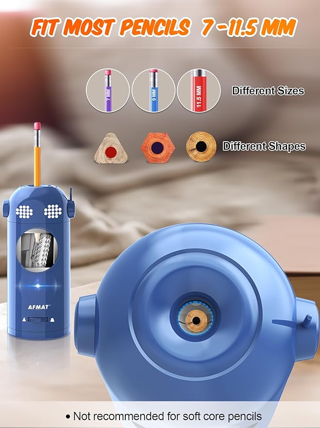 AFMAT Electric Pencil Sharpener Fully Automatic, Colored Pencil Sharpeners for 7-11.5mm Pencils, Rechargeable Hands-Free Robot Sharpener for Classroom, Home, Office, Battery Operated, PSX5EW, Blue