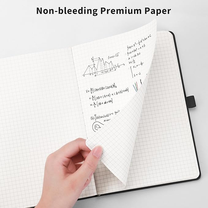 RETTACY Graph Grid Paper Notebook, 2-Pack, 192 Pages per Pack, A5 Medium Size (5.7'' x 8.3''), Leather Hardcover, 100 GSM Thick Paper, for School, Students, Math, Engineering (Black & Black)
