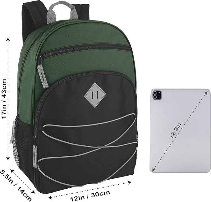 Summit Ridge Boys and Girls School Backpacks with Bungee Cord Front | 17” Multi Pocket Backpack for Kids, Teens, Adults, Travel (Green/Black)
