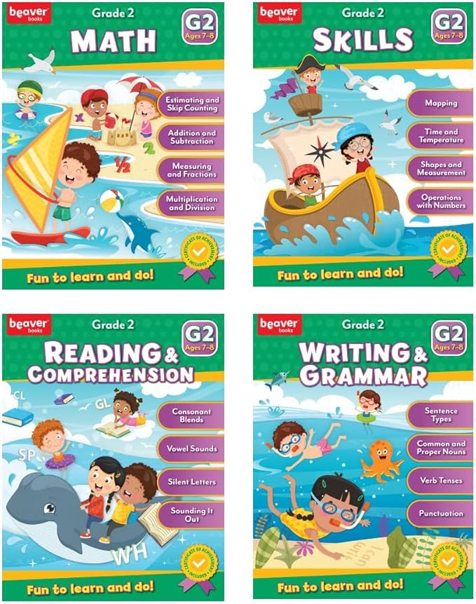 Head Start Workbooks Ages 7-8, Fun 2nd Grade Workbooks for Learning Math and Writing Basics, Before School Workbooks with Math, Reading Comprehension, Grammar, and Skills