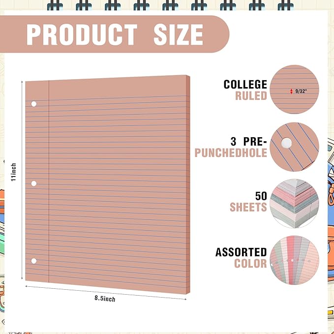 PerKoop 400 Sheets Colored Loose Leaf Paper 8.5" x 11" college ruled Lined 3 Hole Punched notebook Filler Paper for 3 Ring Binders Office School Supplies (Retro Color)