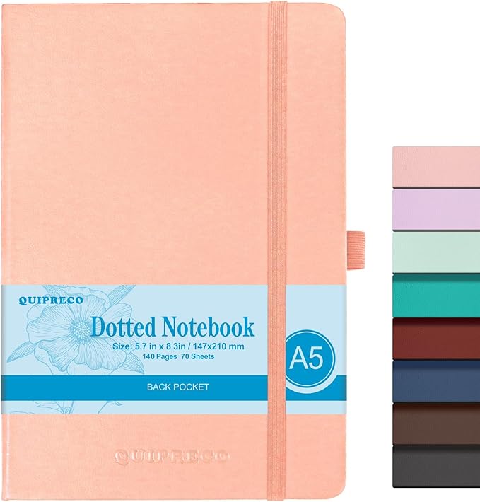 Bullet Dotted Journal Hardcover Notebook, A5 140 Pages 120Gsm Thick Paper for School,Note Taking,Work,Diary，5.7''*8.3'',Blush