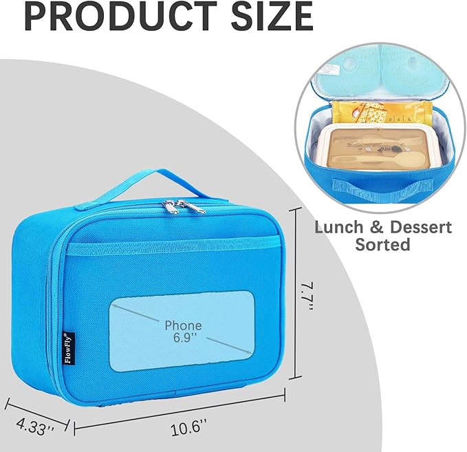 FlowFly Kids Lunch box Insulated Soft Bag Mini Cooler Back to School Thermal Meal Tote Kit for Girls, Boys, Blue