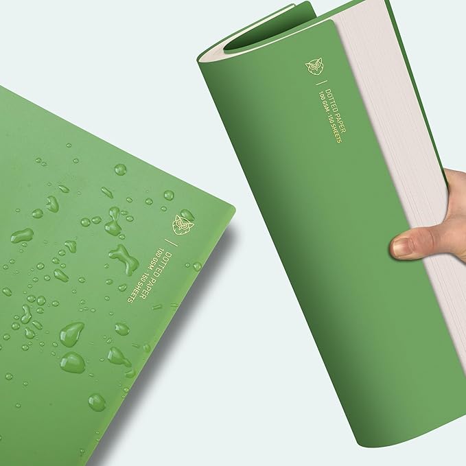 EMSHOI Dotted Journal Spiral Notebook, 300 Pages, A4 Large 8.27"x11.2", 100 GSM Thick Paper, Flexible Plastic Cover, 5mm Dot Grid Notebook for Journaling, Planning, Drawing, Writing, Green