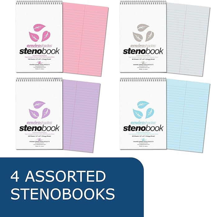 ROARING SPRING Enviroshades Colored Steno Books, 4 Pack of Memo Pads, Assorted Colors, Recycled Paper, 6" x 9", 80 Sheets, Gregg Ruled, Perforated, Wirebound, Heavy Chipboard Back