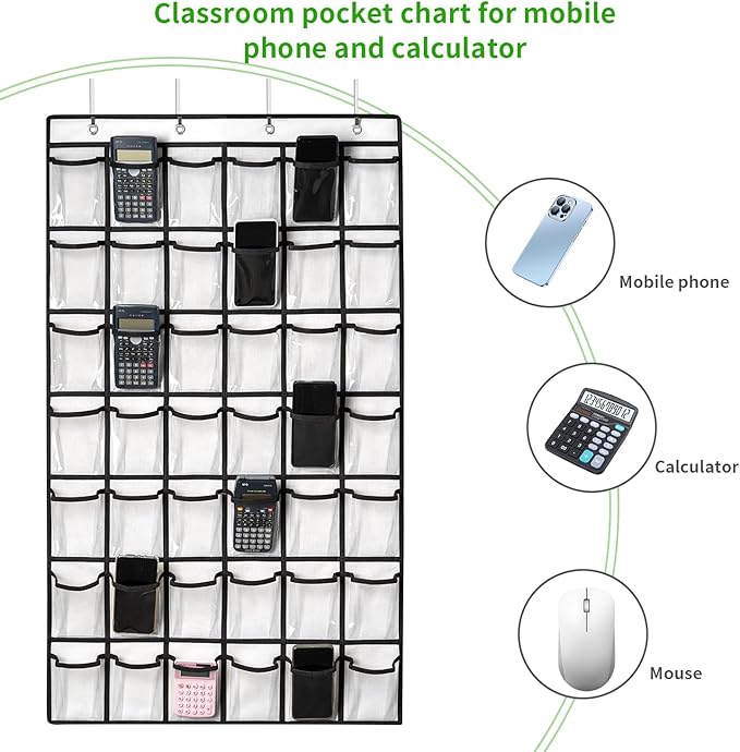 ANSTROUT 42 Clear Pockets Classroom Pocket Chart for Cell Phones and Calculator, Pocket Chart Organizer for Classroom Phone Storage Holder with 42 Number Sticker and Hooks (White)