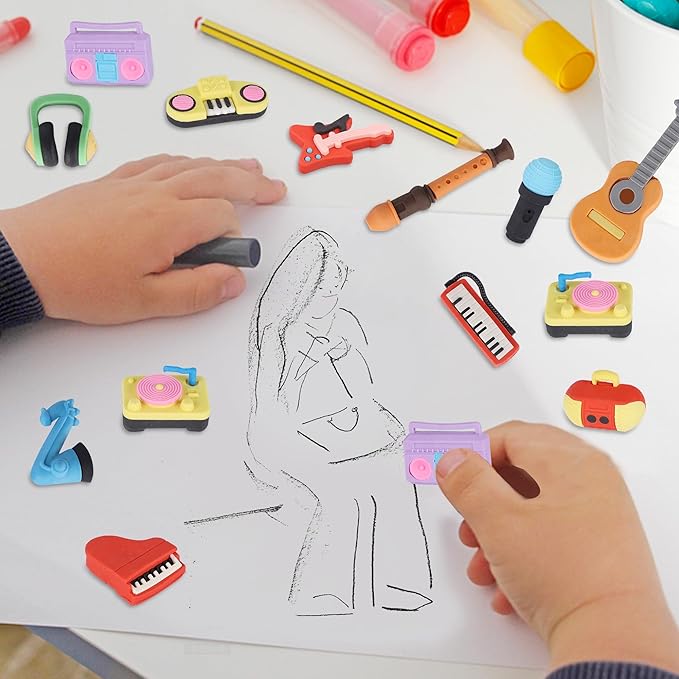 Cllayees 24 Pcs Erasers for Kids, Mini Pencil Eraser Bulk Classroom Prizes, Fun Puzzle Erasers for Preschool Elementary Student, Back to School Supplies (Musical Instrument)