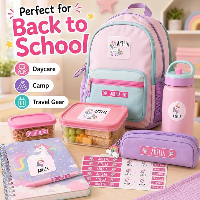 Andaz Press Custom Personalized Waterproof School Name Labels, Unicorn, 120-Pack, Kids Labels Combo Pack, Customizable Multi-Use Name Stickers Personalized Name Stickers Back to School Supplies