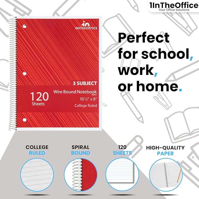1InTheOffice Spiral Notebook College Ruled 8.5 x 11, 3-Subject College Ruled Notebooks, Wirebound Spiral Notebooks, 3-Hole Punched, 120 Sheets, Black, 4 Pack