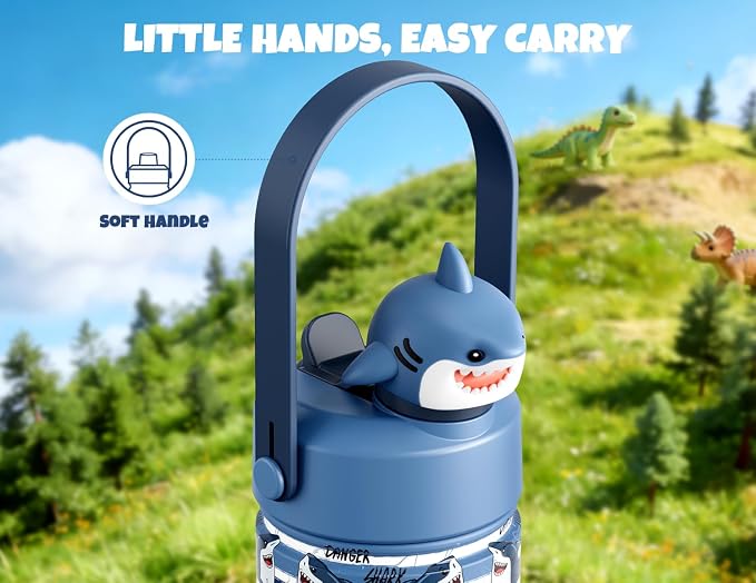POWCAN 12 oz Insulated Water Bottle for School: 2-in-1 Straw Spout Lid with Soft Animal Head, Leakproof, BPA-Free, Keep Cold 24H, Easy Carry, Stainless Steel Cup for Kids, Boys, Girls (Baby Shark)