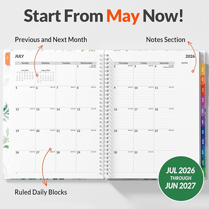 SUNEE 2026-2027 Appointment Book, Quarter-Hourly, Weekly & Monthly - from July 2026 to June 2027, 8.5"x11" Academic Planner, Flexible Cover, Note Pages, Bookmark, Spiral Binding, Greenery